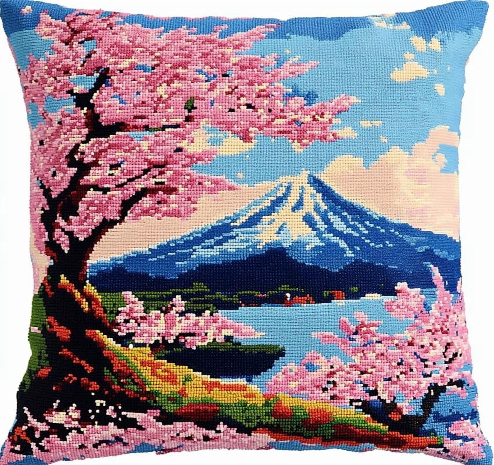 Japanese Latch Rug Japanese Style Latch Hook Kit Cushion for Adults,Snow Mountain Cherry ...