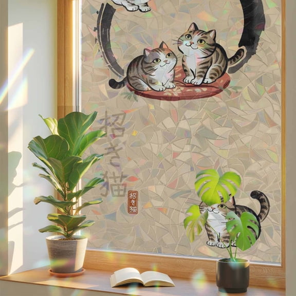 Japanese Style Lucky Cat Window Privacy Film, Rainbow Film Decorative Window Sticker 17.7x39.3in, Cute Kitty Sun Blocking Static Stained Glass Cling Tint Non-Adhesive