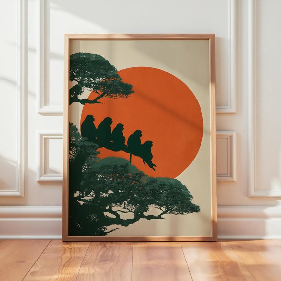 Japanese Style Monkey Sun Print Minimalist Animal Silhouette Wall Art Home Decor Office Wall Art