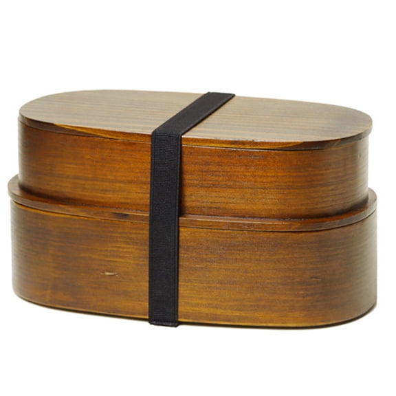 Japanese Style Natural Wooden Bento Lunch Box for Adults, Leak-Proof Stackable Dual Layer Compartment Food Container for Office Workers, Oval Portable Lunchbox for Picnics And Travel Harlik