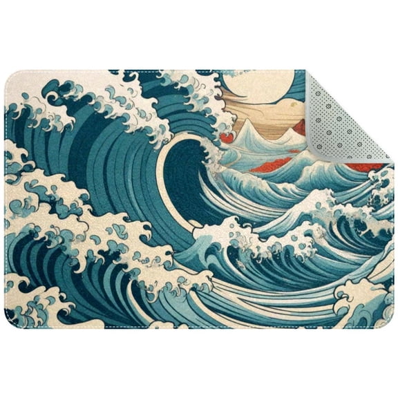 Japanese Style Ocean Wave Small Area Rug, Non-Slip Door Mat Indoor Floor Mat, Washable Kitchen Rug Entrance Door Mat for Bedroom Living Room
