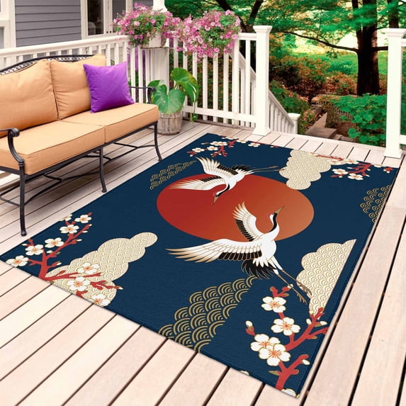 Japanese Style Outdoor Rug 5x8 Ft, Non Slip Washable Area Rug, Modern Cranes Cherry Flower Wave Navy Blue Patio Rugs Carpet Runner, Large Floor Mat for Indoor/Outdoor Deck Porch Camping