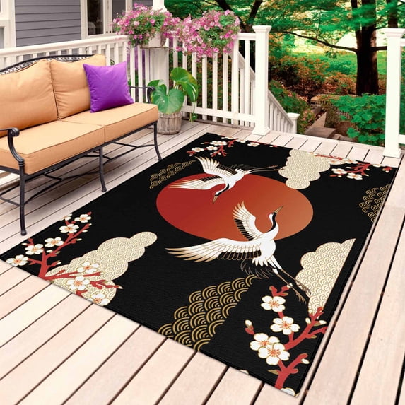 Japanese Style Outdoor Rug 5x8 Ft, Non Slip Washable Area Rug, Modern Cranes Cherry Flower Wave Red Brown Patio Rugs Carpet Runner, Large Floor Mat for Indoor/Outdoor Deck Porch Camping