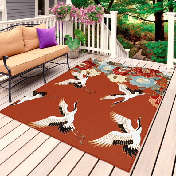 Japanese Style Outdoor Rug 5x8 Ft, Non Slip Washable Area Rug, Red Farmhouse Botanical Peony Birds Patio Rugs Carpet Runner, Large Floor Mat for Indoor/Outdoor Deck Porch Camping