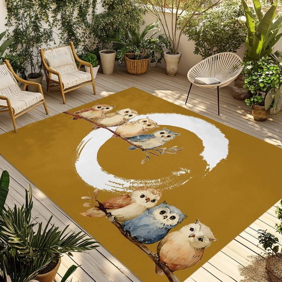 Japanese Style Outdoor Rug 6x9 Ft - Reversible Patio Rug Outdoor Camping Rugs, Brown Country Vintage Owl Birds Branches Indoor Outdoor Area Rugs, Non-Slip Outdoor Carpet Runner for Deck/Porch
