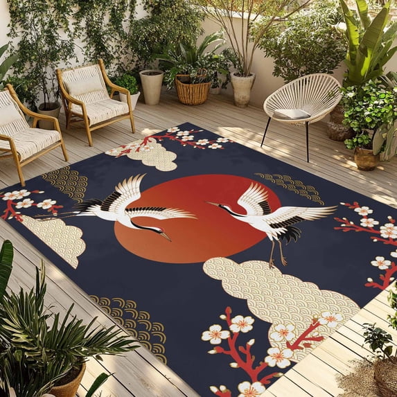Japanese Style Outdoor Rug for Patio/Deck/Porch, Non-Slip Large Area Rug 3 x 5 Ft, Modern Cranes Cherry Flower Wave Red Blue Indoor Outdoor Rugs Washable Area Rugs, Camping Rug Carpet Runner