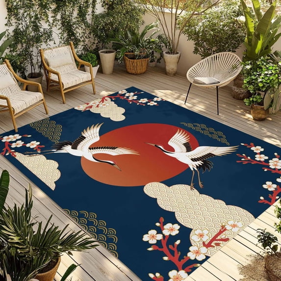 Japanese Style Outdoor Rug for Patio/Deck/Porch, Non-Slip Large Area Rug 6 x 9 Ft, Modern Cranes Cherry Flower Wave Navy Blue Indoor Outdoor Rugs Washable Area Rugs, Camping Rug Carpet Runner