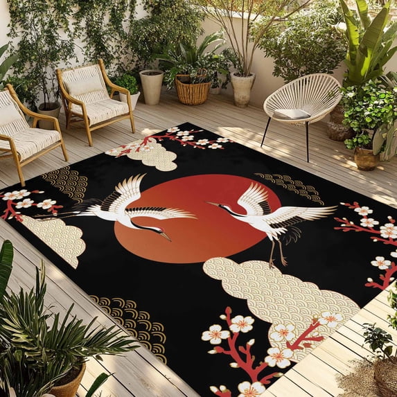 Japanese Style Outdoor Rug for Patio/Deck/Porch, Non-Slip Large Area Rug 6 x 9 Ft, Modern Cranes Cherry Flower Wave Red Brown Indoor Outdoor Rugs Washable Area Rugs, Camping Rug Carpet Runner