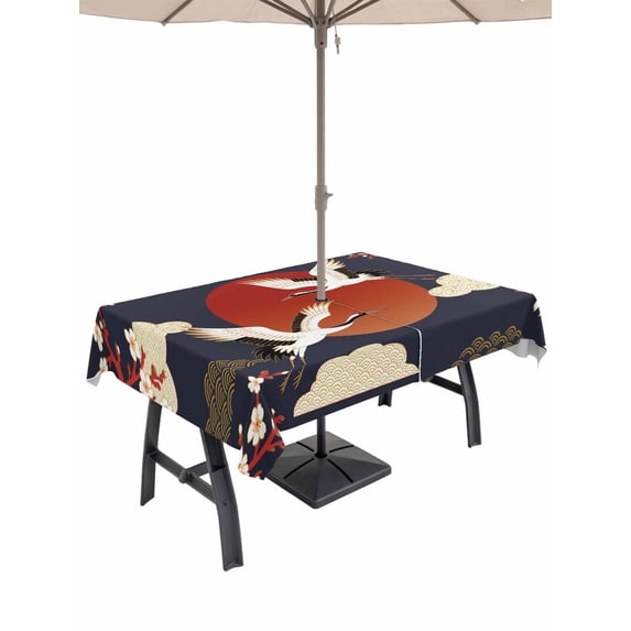 Japanese Style Outdoor Tablecloth - 60x102 Inch Rectangle Dining Table Cover, Modern Cranes Cherry Flower Wave Red Blue Waterproof Outdoor Table Cloth with Umbrella Hole & Zipper for Picnic/Patio