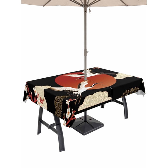 Japanese Style Outdoor Tablecloth - 60x120 Inch Rectangle Dining Table Cover, Modern Cranes Cherry Flower Wave Red Brown Waterproof Outdoor Table Cloth with Umbrella Hole & Zipper for Picnic/Patio