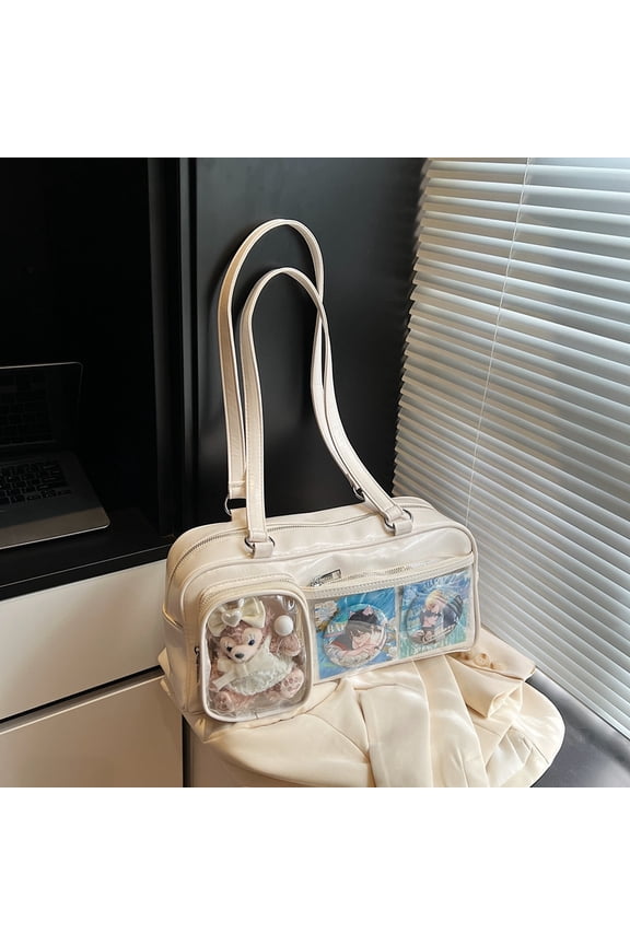 Japanese Style PU Ita Bag for Women, Double Clear Display Window, Zipper Closure, Large Capacity & Adjustable Strap, Shoulder Handheld Crossbody Bag (13.8" x 6.3" x 3.9", 1.01 lb)