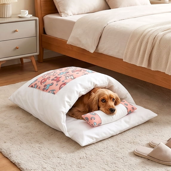 Japanese Style Pet Sleeping Bag Semi Enclosed Winter Warm Cat Dog Bed Removable Washable for Small to Medium Pets, Polyester, Pink XL, 1 Count