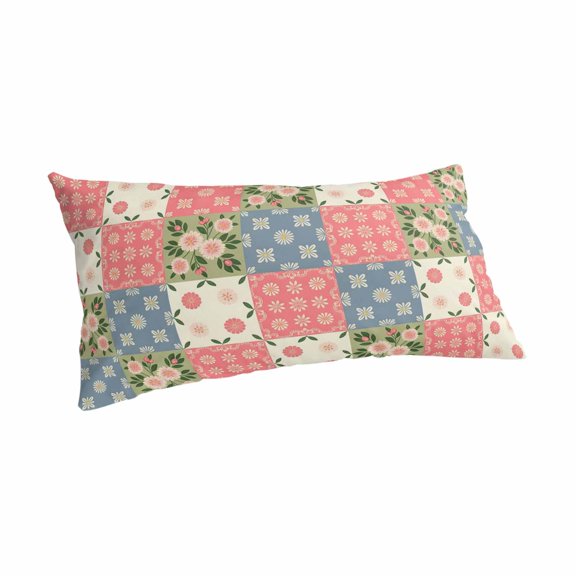 Japanese Style Pillow Covers Decorative Cal King Pillow Cases Colorful Patchwork Flowers Leaves Plaid Short Plush Cooling Pillowcases Long Lumbar Pillow Cover with Envelope Closure 20x40 Inch