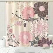 Japanese Style Pink and Gray Chrysanthemum Patterned Shower Curtain with Elegant Design Perfect for Creating a Warm Atmosphere in Your Bathroom Decor