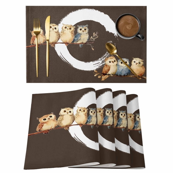 Japanese Style Placemats Set of 12 Dark Brown Rustic Owl Birds Tree Branches Place Mats Indoor Wipeable Table Mats Washable Dining Table Placemats for Kitchen Holiday Party Home Decor 13x19 Inch