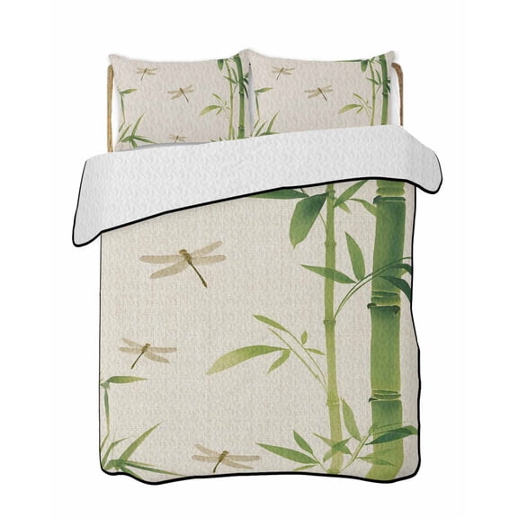 Japanese Style Quilts Bedding Set California King Dragonfly Green Plant Ink Painting Linen Lightweight Quilted Bedspread 3 Piece Bed Quilt with 2 Pillow Shams All Season for Bedroom 96" x 106"
