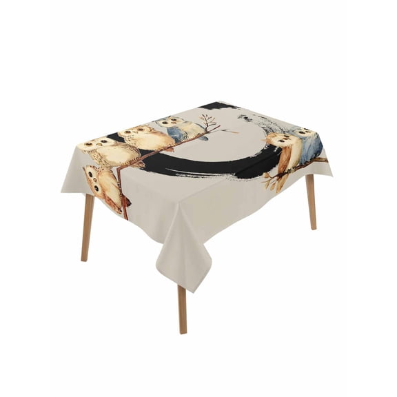 Japanese Style Rectangle Tablecloth, Grey Farmhouse Owl Birds Branches Waterproof & StainResistant Tablecloth, Washable Oil-proof Table Cover for Dining/Party/Wedding/Camping/Buffet 52x70 In