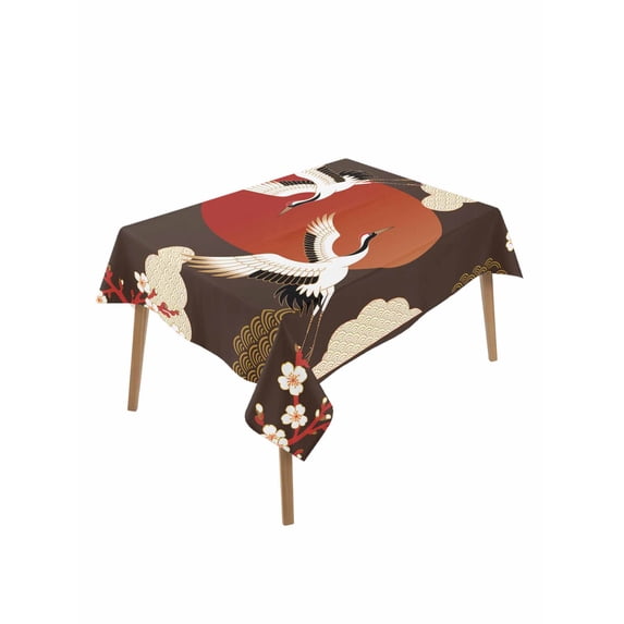 Japanese Style Rectangle Tablecloth, Modern Cranes Cherry Flower Wave Brown Waterproof & StainResistant Tablecloth, Washable Oil-proof Table Cover for Dining/Party/Wedding/Camping/Buffet 60x102 In