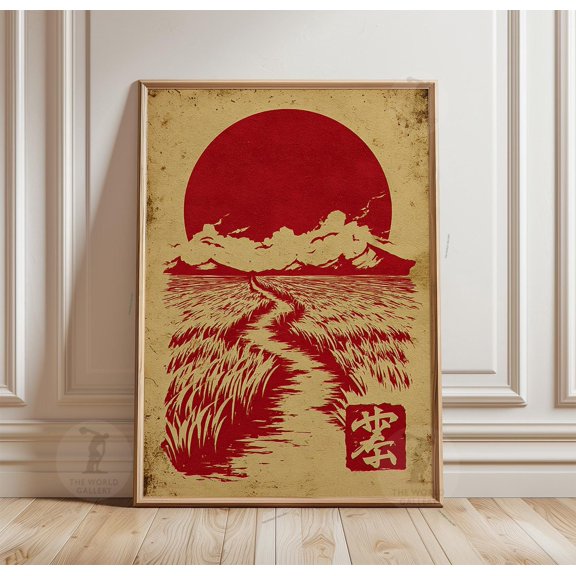 Japanese Style Red Sun Poster Wheat Field Landscape Print Asian Wall Art
