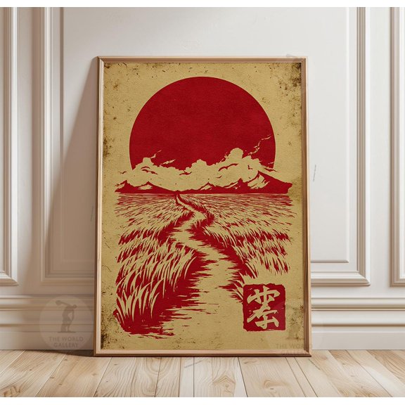 Japanese Style Red Sun Wheat Field Poster Unframed Paper Print