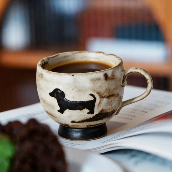 Japanese-Style Retro Ceramic Mug with Adorable Puppy Design - 250ml Rustic Stoneware Coffee Cup for Home and Office Use