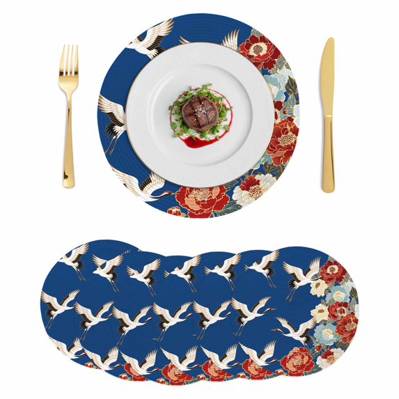 Japanese Style Round 13 Inch Placemats Set of 6, Blue Rustic Botanical Blossom Peony Birds HeatResistant Non Slip Place Mats for Dining Table, Wipeable Braided Kitchen Table Mats for Housewarming