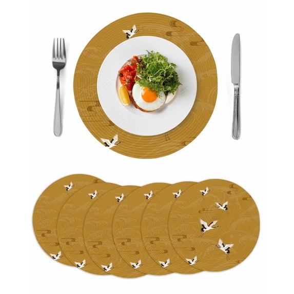 Japanese Style Round 13 Inch Placemats Set of 6, Vintage Art Cranes Ocean Wave Yellow HeatResistant Non Slip Place Mats for Dining Table, Wipeable Braided Kitchen Table Mats for Housewarming