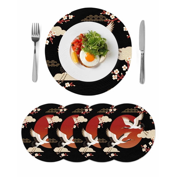 Japanese Style Round 15 Inch Placemats Set of 4, Modern Cranes Cherry Flower Wave Red Brown HeatResistant Non Slip Place Mats for Dining Table, Wipeable Braided Kitchen Table Mats for Housewarming