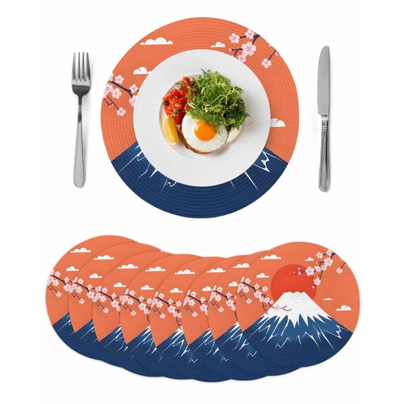 Japanese Style Round 15 Inch Placemats Set of 8, Blue Mountains Orange Red Sun Cherry Floral HeatResistant Non Slip Place Mats for Dining Table, Wipeable Braided Kitchen Table Mats for Housewarming