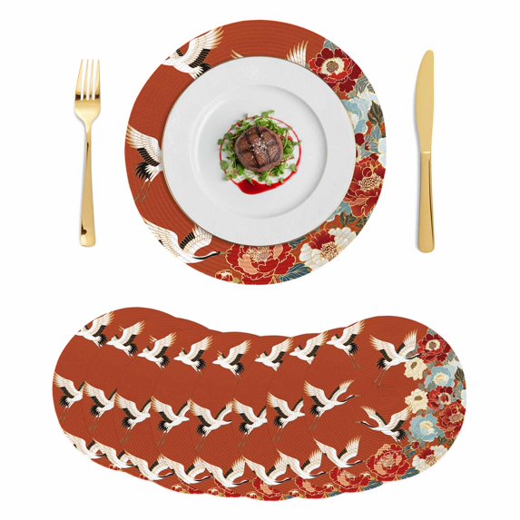 Japanese Style Round 15 Inch Placemats Set of 8, Red Farmhouse Botanical Peony Birds HeatResistant Non Slip Place Mats for Dining Table, Wipeable Braided Kitchen Table Mats for Housewarming