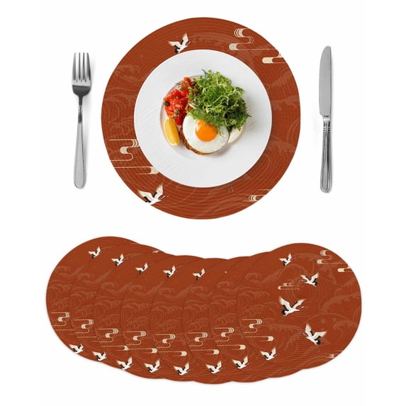 Japanese Style Round 15 Inch Placemats Set of 8, Vintage Art Cranes Ocean Wave Red HeatResistant Non Slip Place Mats for Dining Table, Wipeable Braided Kitchen Table Mats for Housewarming