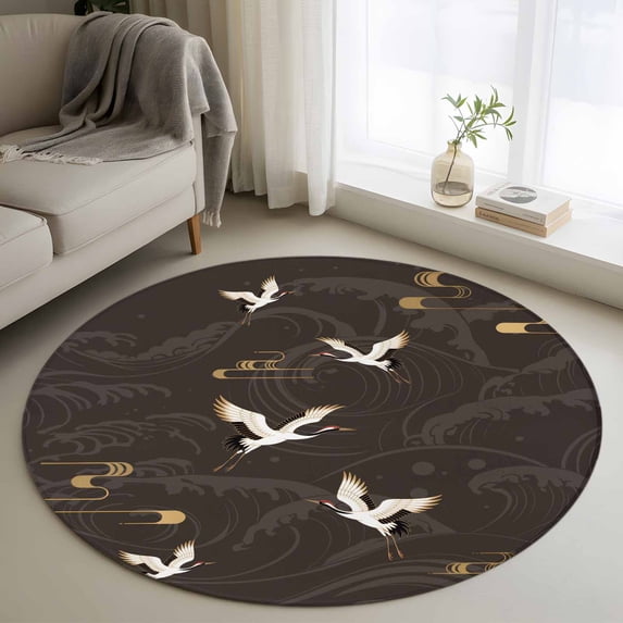 Japanese Style Round Area Rug 3Ft Washable Small Circle Rugs for Kitchen Entryway, Vintage Cranes Ocean Wave Black Grey Non-Slip Carpet Floor Mats Indoor Outdoor Carpet Runner Aesthetic Home Decor