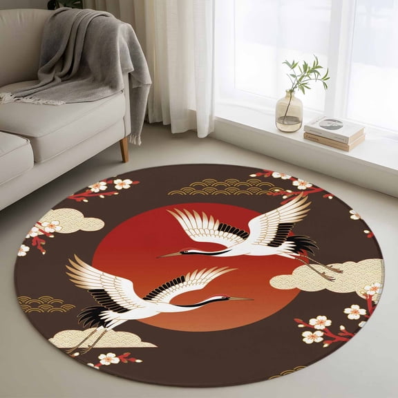 Japanese Style Round Area Rug 4ft, Modern Cranes Cherry Flower Wave Brown Washable Non-Slip Circle Rugs for Bedroom Living Room Kitchen, Soft Non Shedding Circle Carpet for Dining Room Dorm