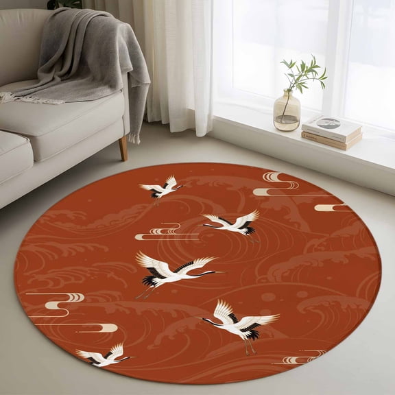 Japanese Style Round Area Rug 4ft, Vintage Art Cranes Ocean Wave Red Washable Non-Slip Circle Rugs for Bedroom Living Room Kitchen, Soft Non Shedding Circle Carpet for Dining Room Dorm