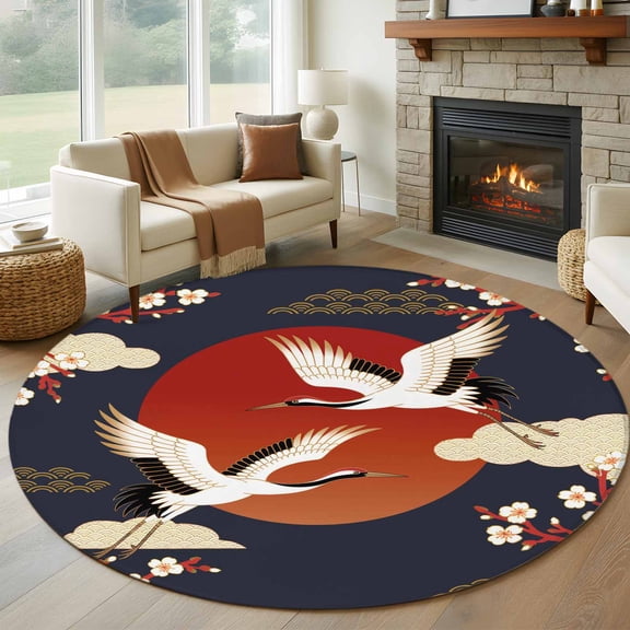 Japanese Style Round Area Rug 6Ft Washable Circle Rugs for Bathroom Office, Modern Cranes Cherry Flower Wave Red Blue Non-Slip Carpet Floor Mats Indoor Outdoor Carpet Runner Aesthetic Home Decor