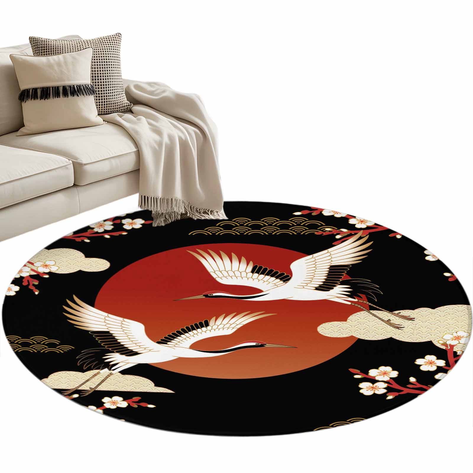 Japanese Style Round Area Rugs Collection 3.3', Modern Cranes Cherry Flower Wave Red Brown Non Slip Indoor Circular Throw Runner Rug Floor Mat Carpet for Living Room Dining Table Bedroom Nursery