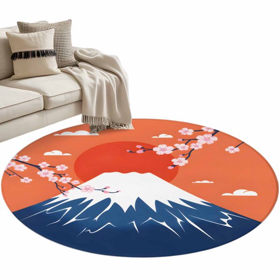 Japanese Style Round Area Rugs Collection 3', Blue Mountains Orange Red Sun Cherry Floral Non Slip Indoor Circular Throw Runner Rug Floor Mat Carpet for Living Room Dining Table Bedroom Nursery