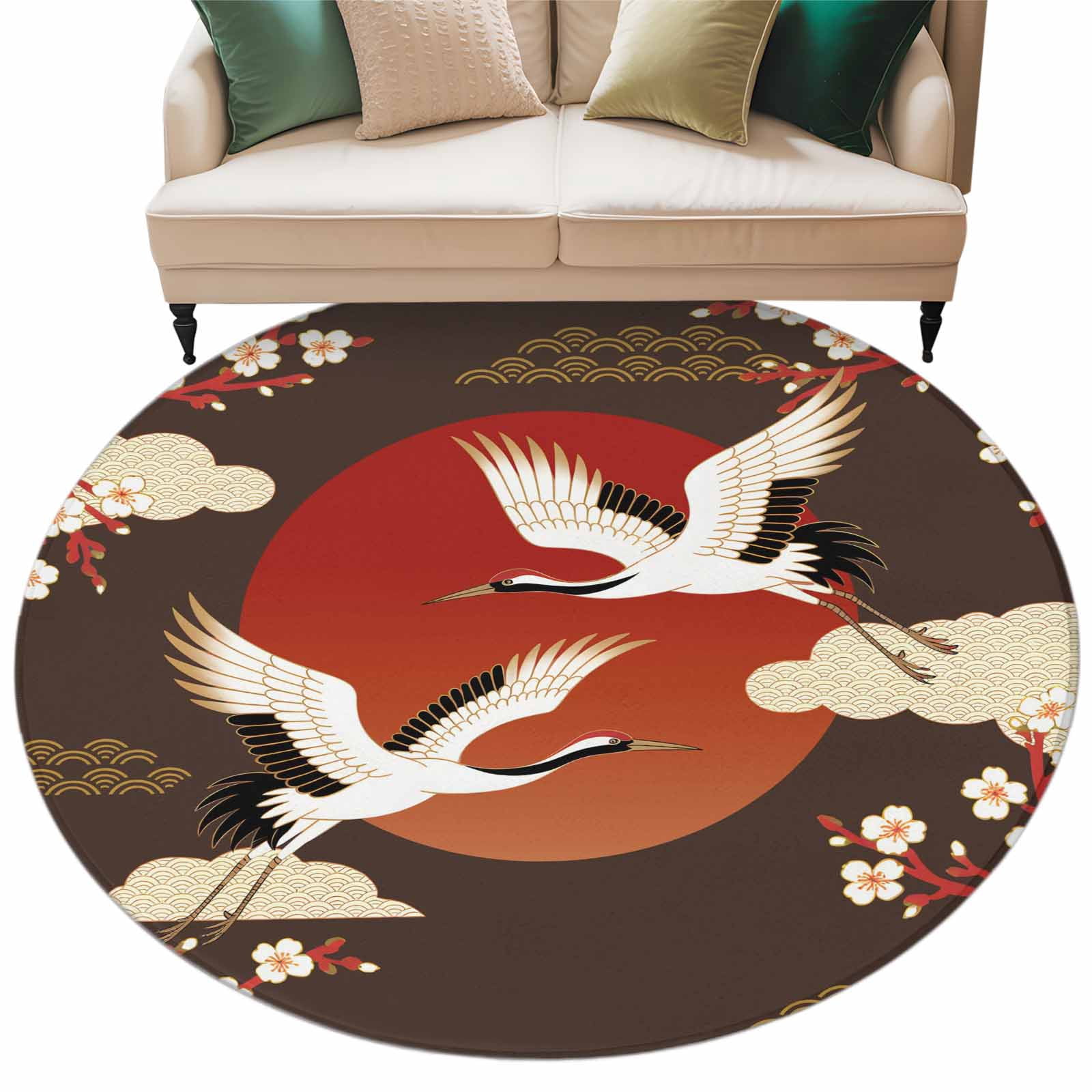 Japanese Style Round Area Rugs Collection 7', Modern Cranes Cherry Flower Wave Brown Non Slip Indoor Circular Throw Runner Rug Floor Mat Carpet for Living Room Dining Table Bedroom Nursery
