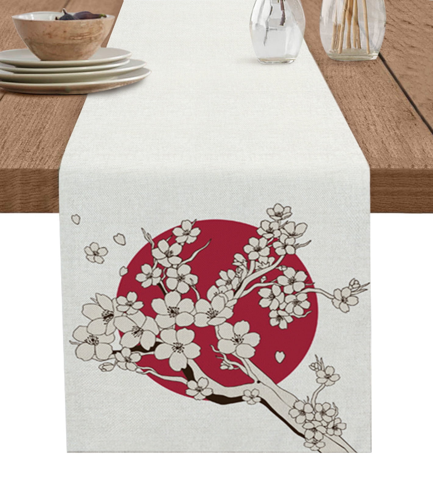 Japanese Style Sakura Cherry Blossom Pink Flower Linen Table Runner