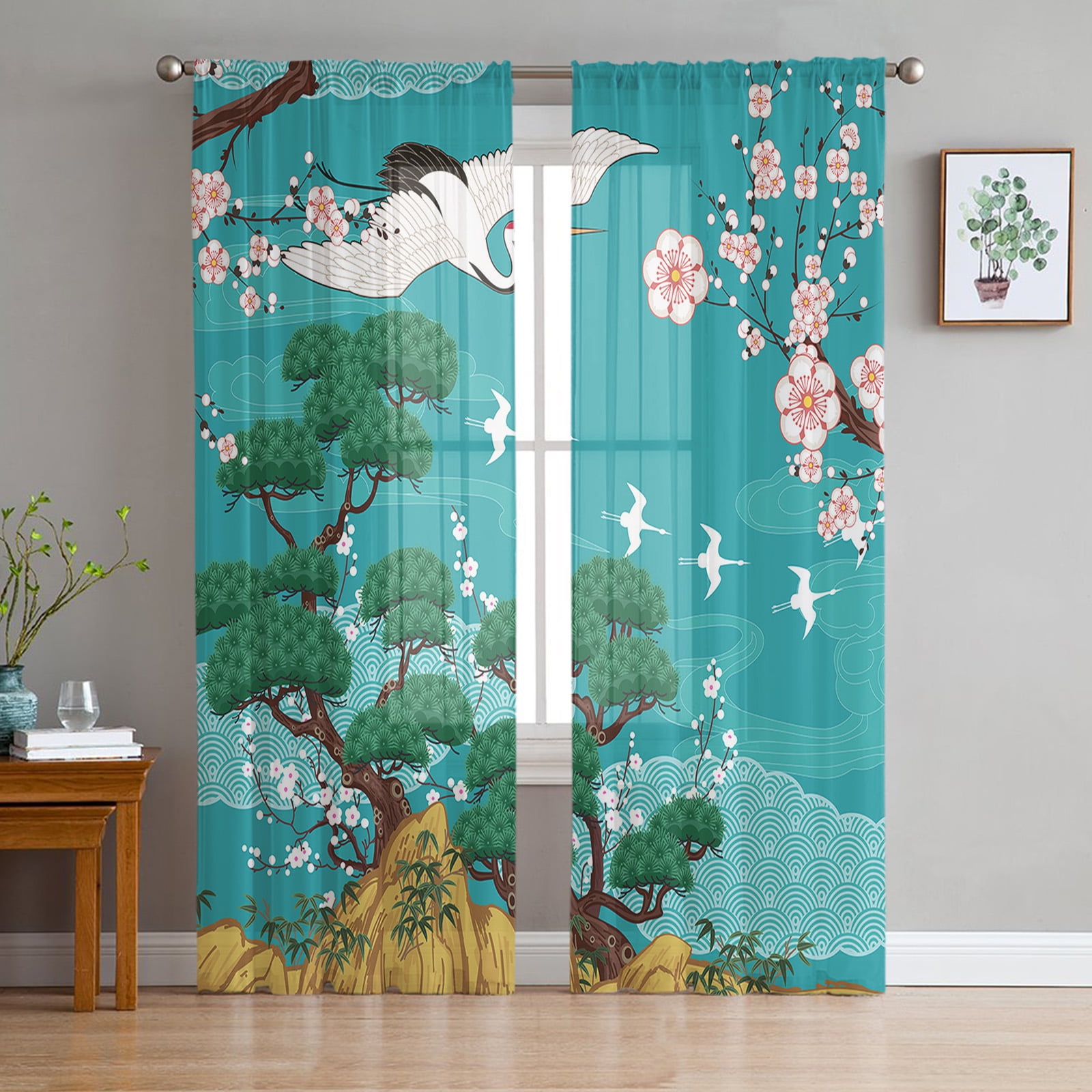 Japanese Style Sakura Cherry Blossom Pink Flower Tulle Curtains Living