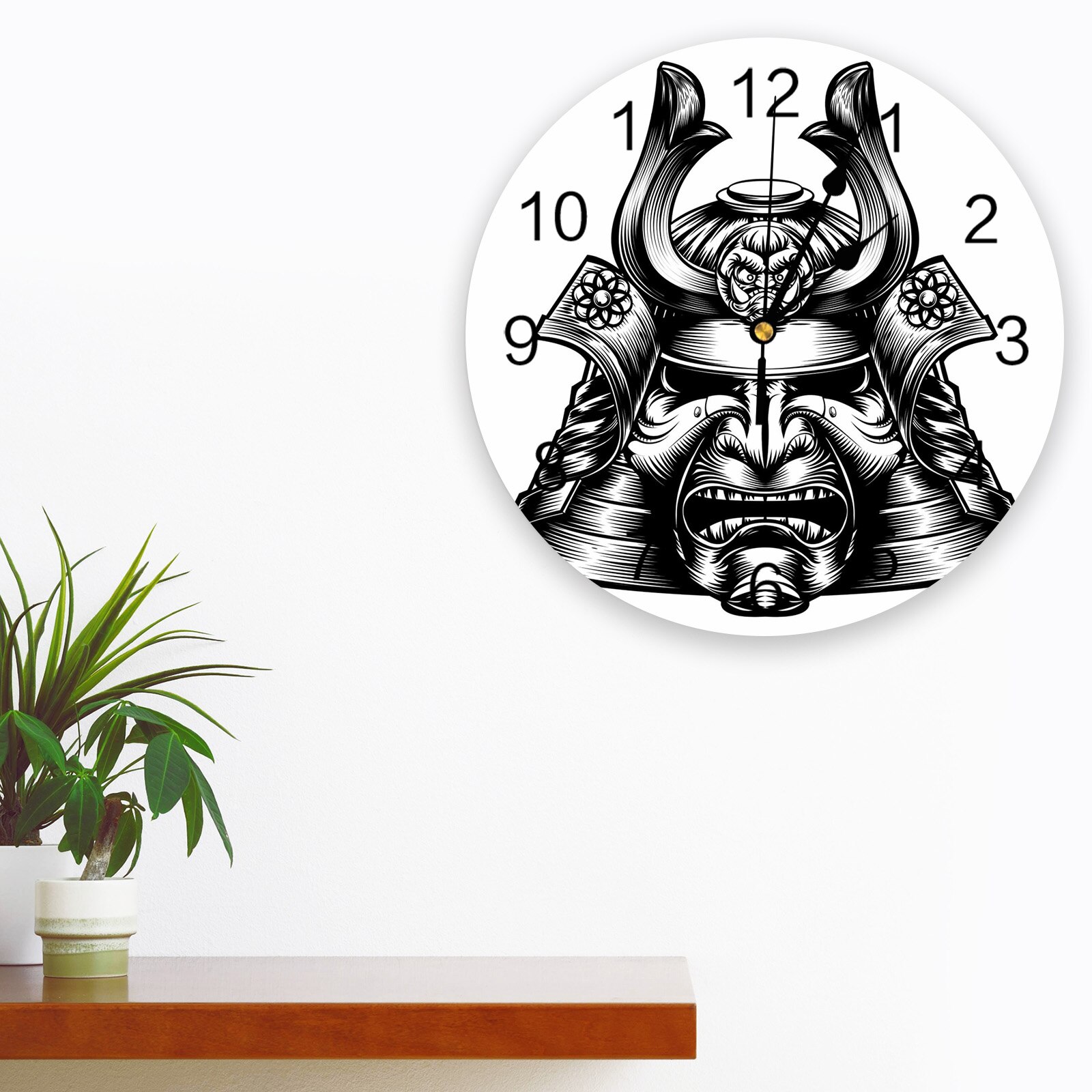 Japanese Style Samurai Helmet White Wall Clocks Living Room Decoration