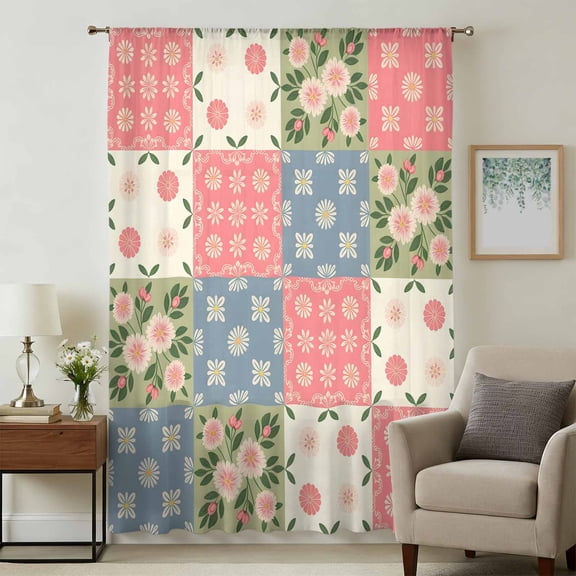 Japanese Style Sheer Curtains 108" Extra Long for Living Room, Colorful Patchwork Flowers Leaves Plaid Light Filtering Privacy Drapes, Semi Sheer Window Treatment for Floor to Ceiling Window