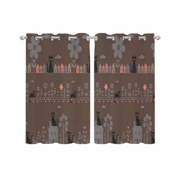 Japanese Style Sheer Curtains 39 Inch Length 2 Panels Set for Living Room/Bedroom, Farmhouse Brown Cat House Trees Flowers Kitchen Curtains Grommet Semi-Sheer Curtains Window Treatments 27.5"x39"x2