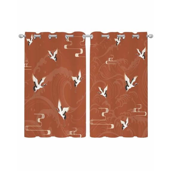 Japanese Style Sheer Curtains 45 Inch Length 2 Panels Set for Living Room/Bedroom, Vintage Art Cranes Ocean Wave Red Kitchen Curtains Grommet Semi-Sheer Curtains Drapes Window Treatments 42"x45"x2