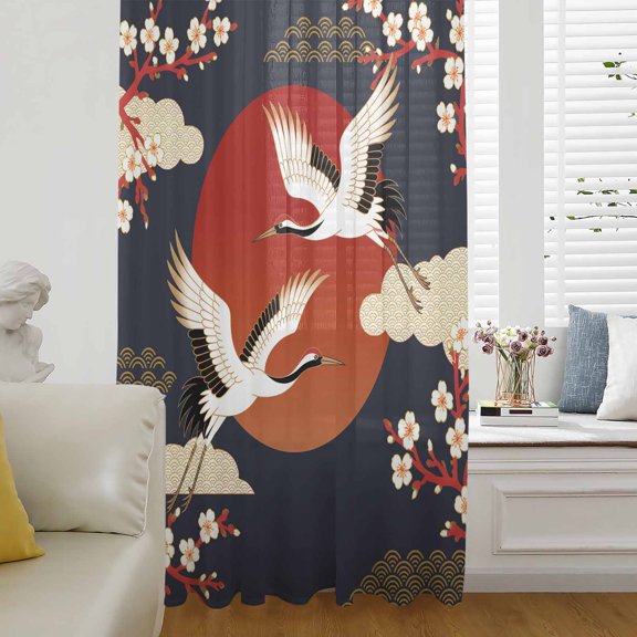 Japanese Style Sheer Curtains 45 Inches Long for Living Room/Bedroom, Modern Cranes Cherry Flower Wave Red Blue Rod Pocket Voile Kitchen Curtains & Drapes Window Treatment 1 Panel, 52"W x 45"L