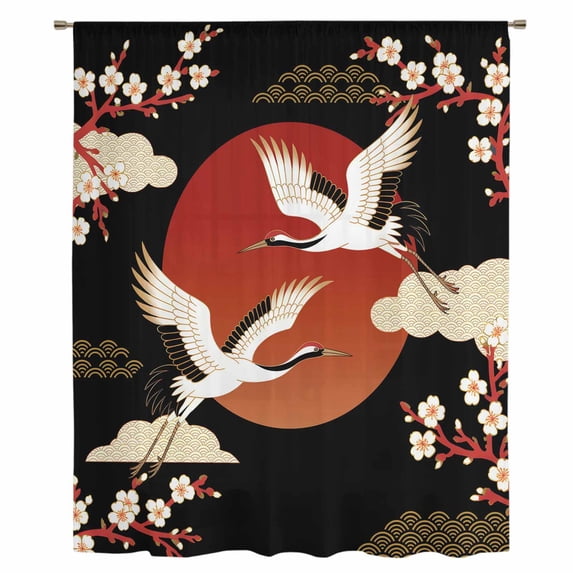 Japanese Style Sheer Curtains 45 Inches Long, Modern Cranes Cherry Flower Wave Red Brown Light Filering Curtains, Breathable Simi Curtain Privacy Drapes for Kitchen Bathroom Small Window Treatment