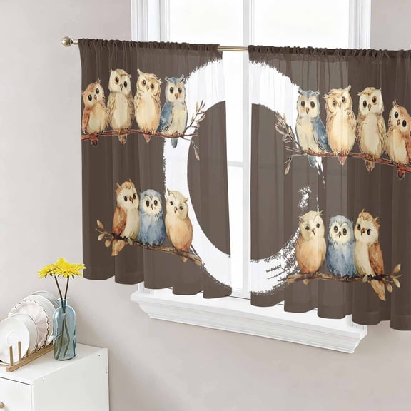 Japanese Style Sheer Curtains 54 Inches Length 2 Panels Set, Window Sheer Curtains for Living Room/Bedroom, Dark Brown Rustic Owl Birds Tree Branches Light Filtering Rod Pocket Curtain 52''x54''x2