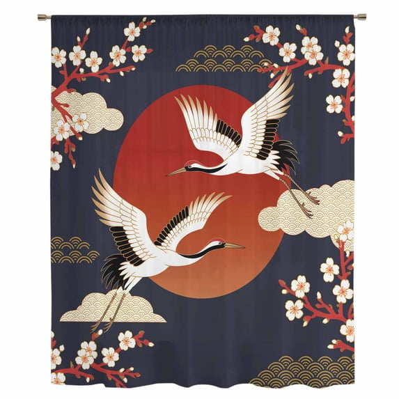 Japanese Style Sheer Curtains 54 Inches Long, Modern Cranes Cherry Flower Wave Red Blue Light Filering Curtains, Breathable Simi Curtain Privacy Drapes for Kitchen Bathroom Small Window Treatment