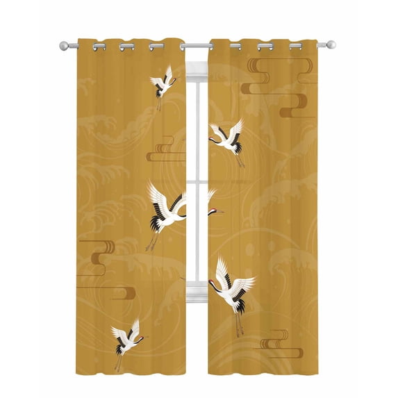 Japanese Style Sheer Curtains 63 Inch Length 2 Panels Set for Living Room/Bedroom, Vintage Art Cranes Ocean Wave Yellow Kitchen Curtains Grommet Semi-Sheer Curtains Drapes Window Treatments 42"x63"x2