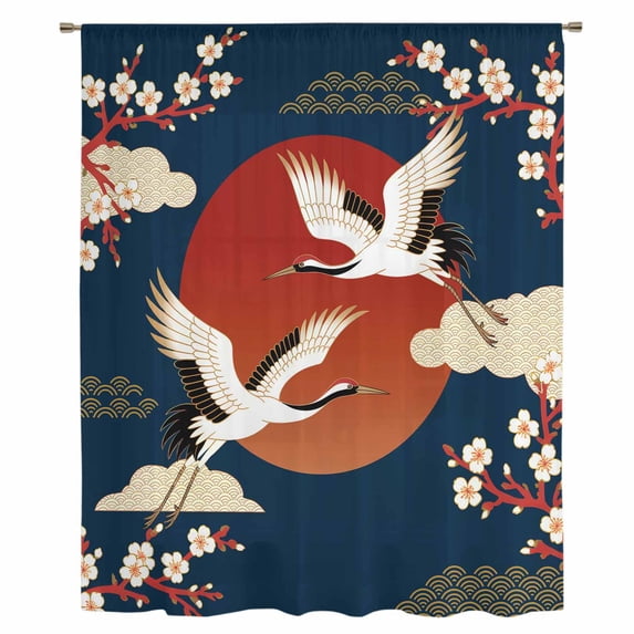 Japanese Style Sheer Curtains 63 Inches Long, Modern Cranes Cherry Flower Wave Navy Blue Light Filering Curtains, Breathable Simi Curtain Privacy Drapes for Living Room Bedroom Window Treatment